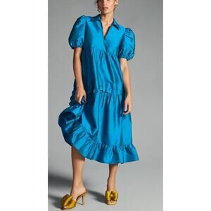Dhruv Kapoor Puff Sleeve Midi Dress XXS Blue Metallic Tiered Pockets Cocktail